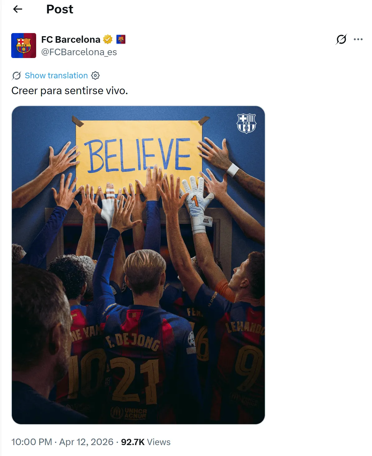 世界杯高清观看软件-传递逆转信念，巴萨社媒：唯有相信，才能感受到生命的跃动